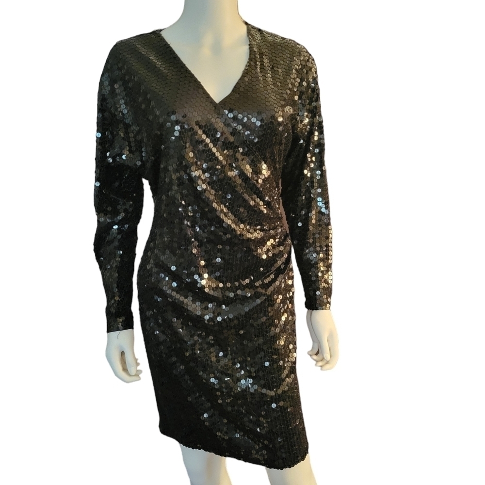 Vintage Oleg Cassini Sequin Dress Long Sleeves 6 Black